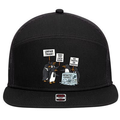 Penguins Protest Against Tariffs Funny Penguin Tariff 7 Panel Mesh Trucker Snapback Hat
