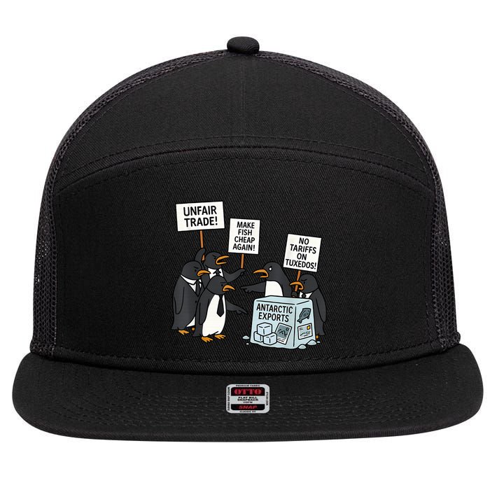 Penguins Protest Against Tariffs Funny Penguin Tariff 7 Panel Mesh Trucker Snapback Hat