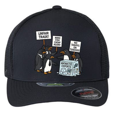 Penguins Protest Against Tariffs Funny Penguin Tariff Flexfit Unipanel Trucker Cap