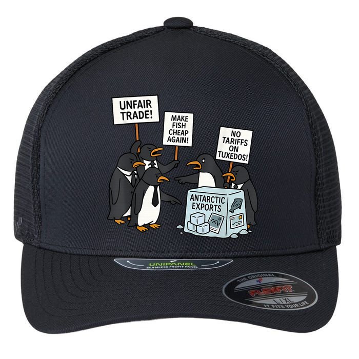 Penguins Protest Against Tariffs Funny Penguin Tariff Flexfit Unipanel Trucker Cap