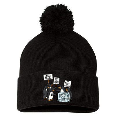 Penguins Protest Against Tariffs Funny Penguin Tariff Pom Pom 12in Knit Beanie