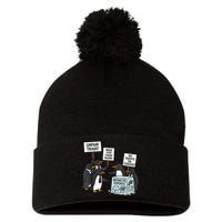 Penguins Protest Against Tariffs Funny Penguin Tariff Pom Pom 12in Knit Beanie