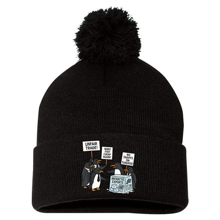 Penguins Protest Against Tariffs Funny Penguin Tariff Pom Pom 12in Knit Beanie