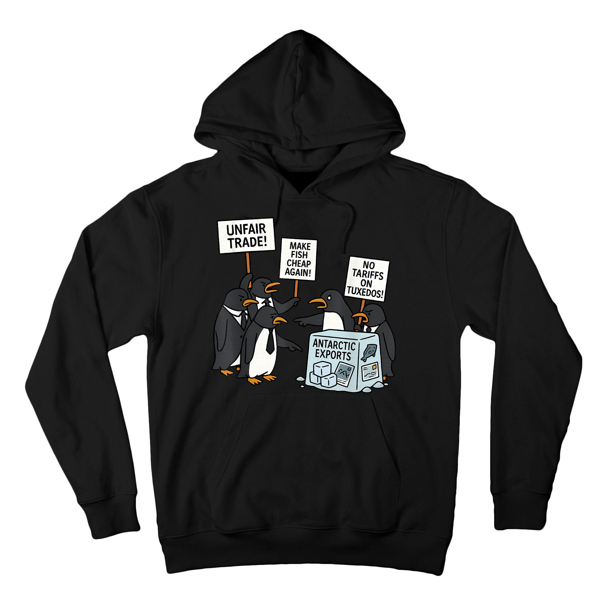 Penguins Protest Against Tariffs Funny Penguin Tariff Tall Hoodie