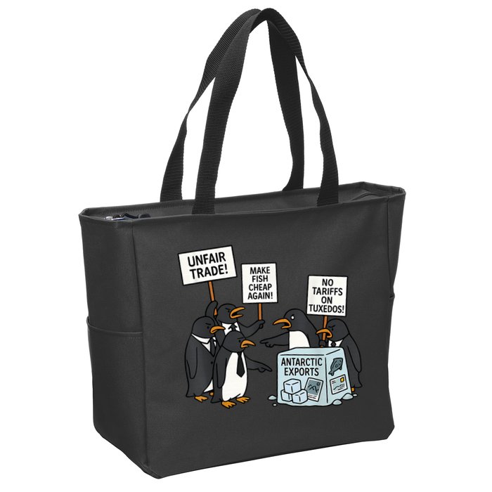 Penguins Protest Against Tariffs Funny Penguin Tariff Zip Tote Bag