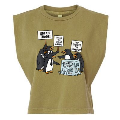 Penguins Protest Against Tariffs Funny Penguin Tariff Garment-Dyed Women's Muscle Tee