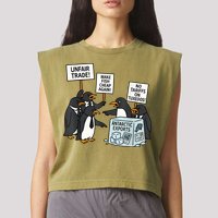Penguins Protest Against Tariffs Funny Penguin Tariff Garment-Dyed Women's Muscle Tee