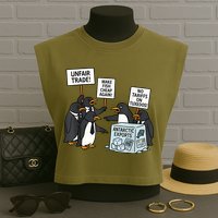 Penguins Protest Against Tariffs Funny Penguin Tariff Garment-Dyed Women's Muscle Tee