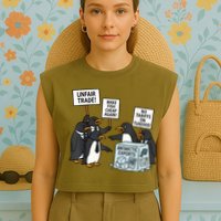 Penguins Protest Against Tariffs Funny Penguin Tariff Garment-Dyed Women's Muscle Tee