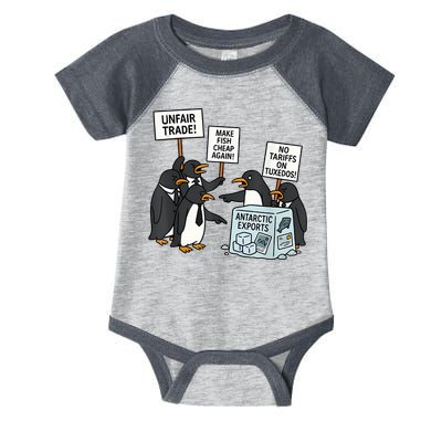 Penguins Protest Against Tariffs Funny Penguin Tariff Infant Baby Jersey Bodysuit