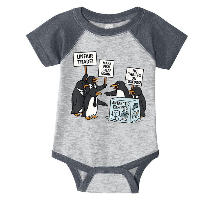 Penguins Protest Against Tariffs Funny Penguin Tariff Infant Baby Jersey Bodysuit