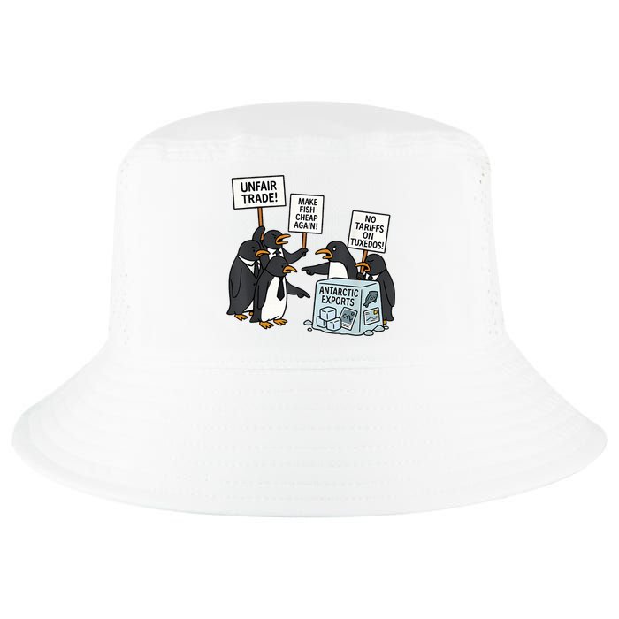 Penguins Protest Against Tariffs Funny Penguin Tariff Cool Comfort Performance Bucket Hat