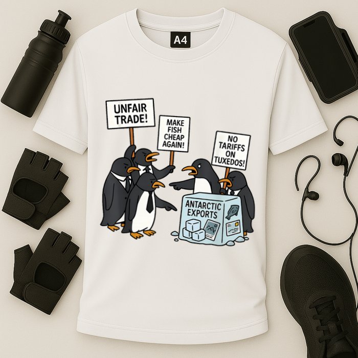 Penguins Protest Against Tariffs Funny Penguin Tariff Performance Shirt
