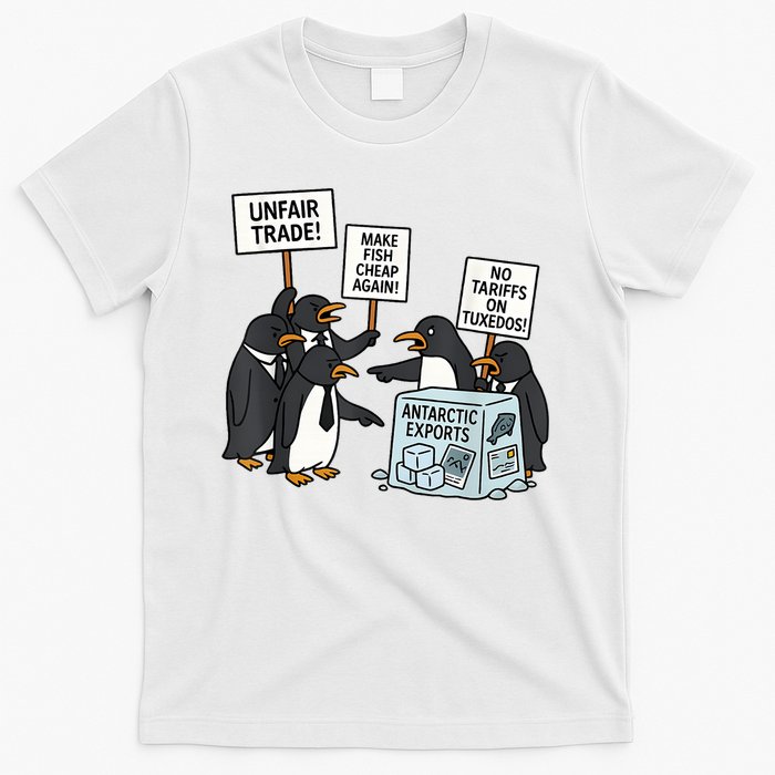 Penguins Protest Against Tariffs Funny Penguin Tariff T-Shirt