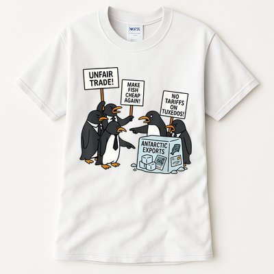 Penguins Protest Against Tariffs Funny Penguin Tariff Tall T-Shirt