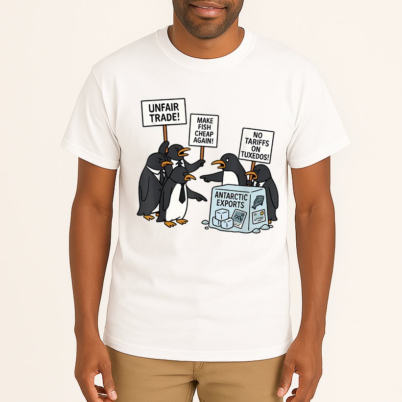 Penguins Protest Against Tariffs Funny Penguin Tariff Tall T-Shirt