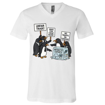 Penguins Protest Against Tariffs Funny Penguin Tariff V-Neck T-Shirt