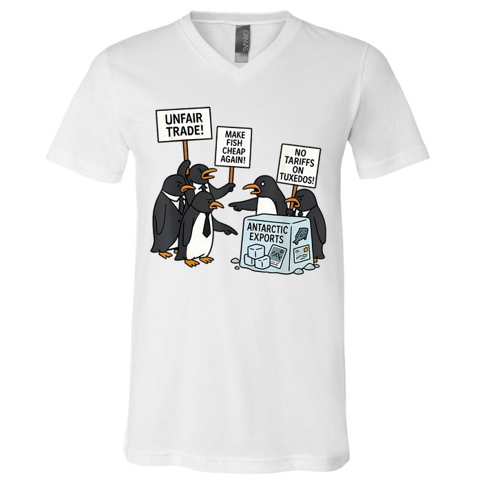Penguins Protest Against Tariffs Funny Penguin Tariff V-Neck T-Shirt