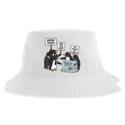 Penguins Protest Against Tariffs Funny Penguin Tariff Sustainable Bucket Hat