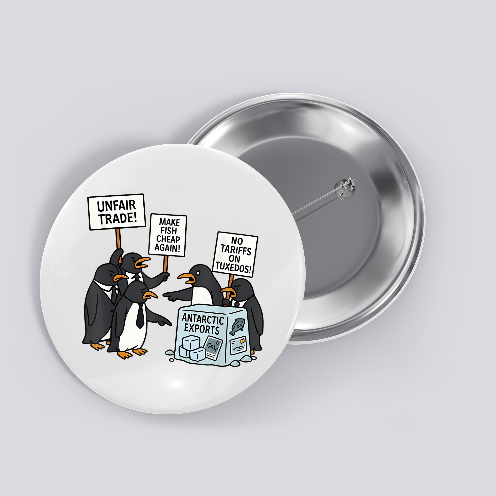 Penguins Protest Against Tariffs Funny Penguin Tariff Button