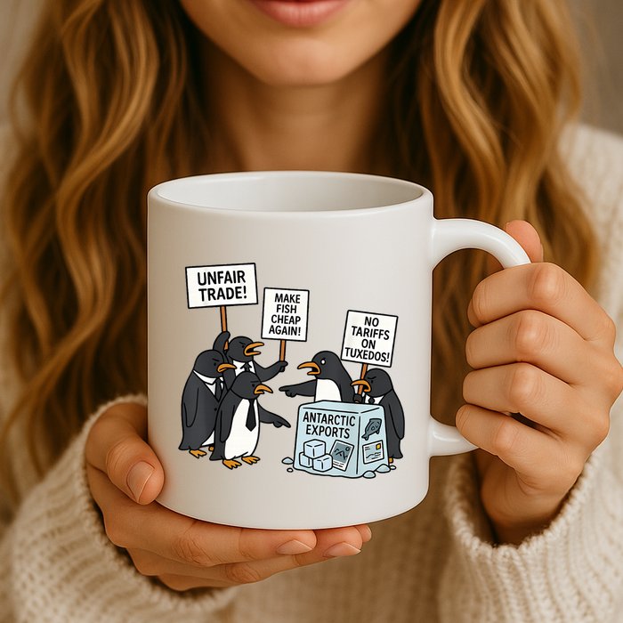 Penguins Protest Against Tariffs Funny Penguin Tariff Mug