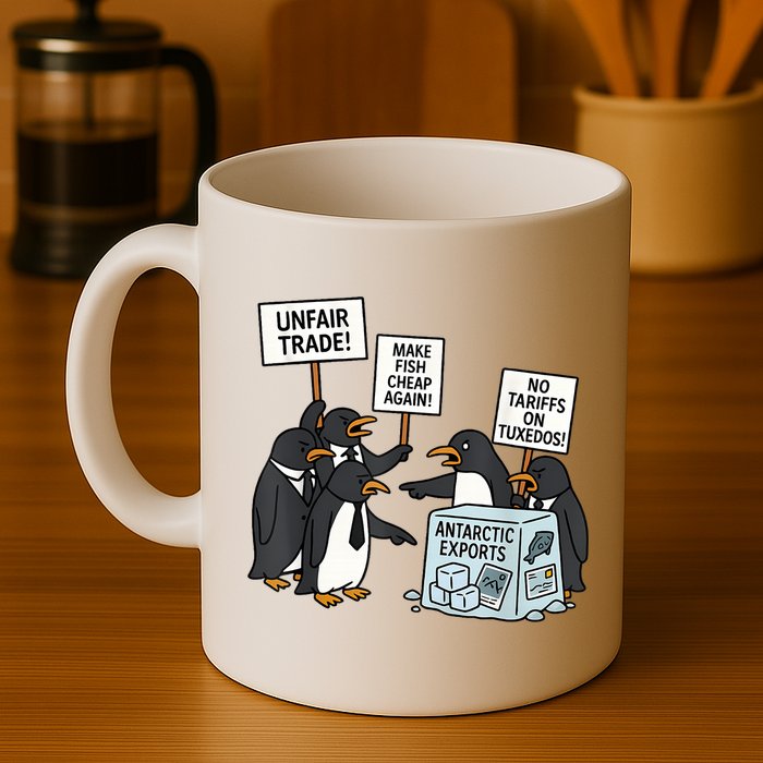 Penguins Protest Against Tariffs Funny Penguin Tariff Mug