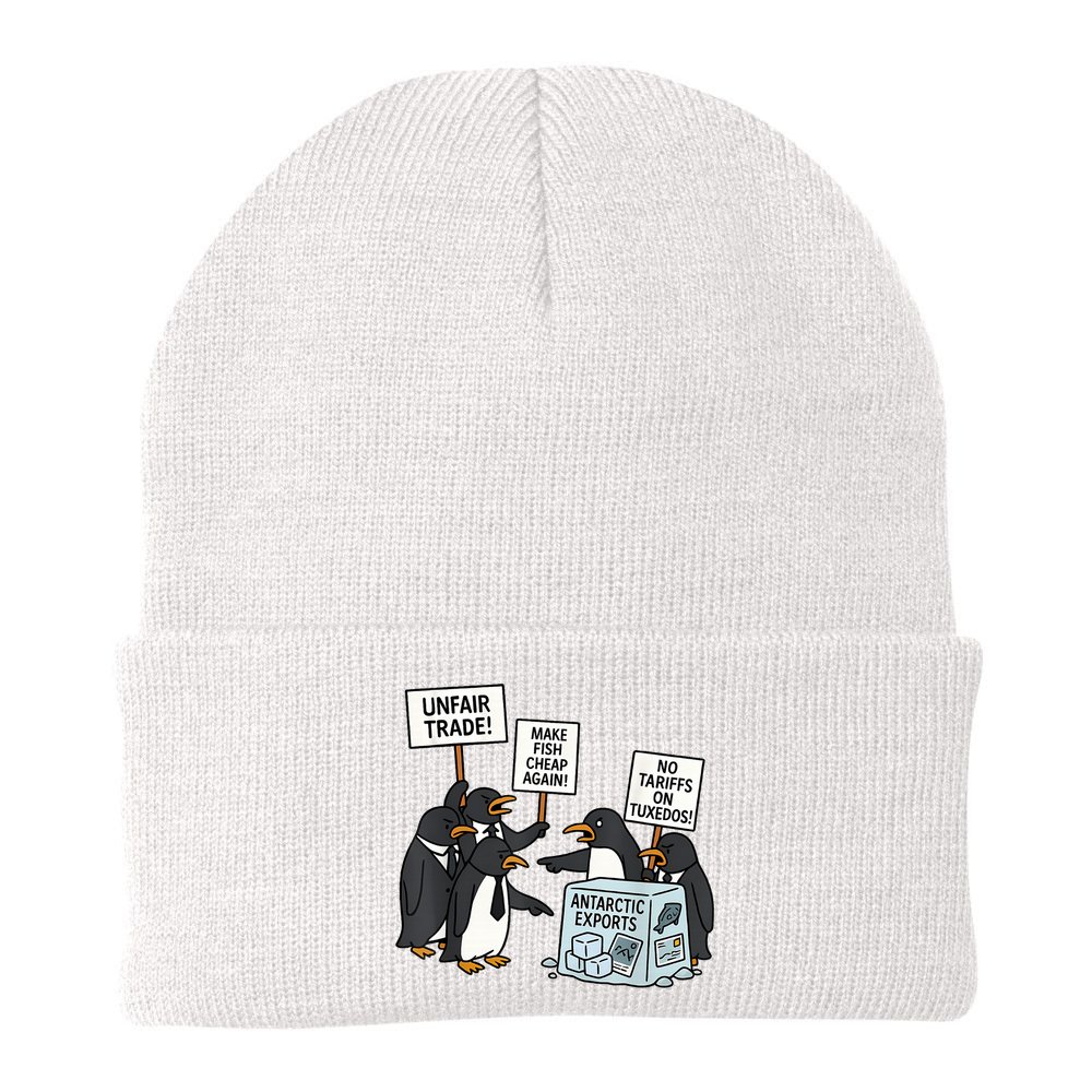 Penguins Protest Against Tariffs Funny Penguin Tariff Beanie