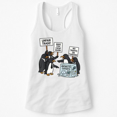 Penguins Protest Against Tariffs Funny Penguin Tariff Womens Tank Top
