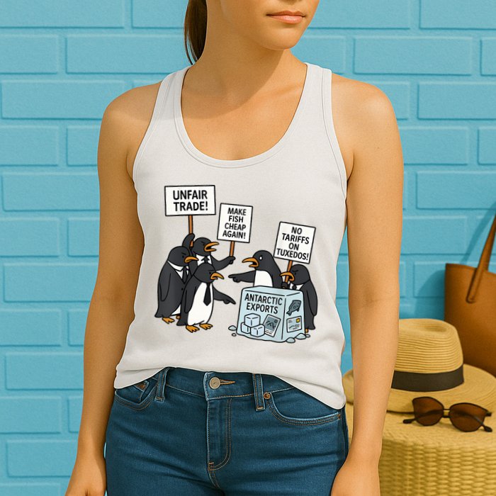 Penguins Protest Against Tariffs Funny Penguin Tariff Womens Tank Top