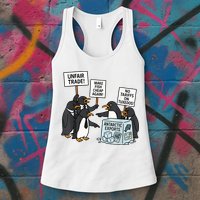 Penguins Protest Against Tariffs Funny Penguin Tariff Womens Tank Top