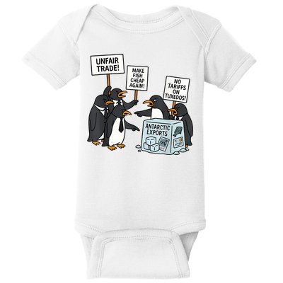 Penguins Protest Against Tariffs Funny Penguin Tariff Baby Bodysuit
