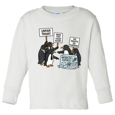 Penguins Protest Against Tariffs Funny Penguin Tariff Toddler Long Sleeve Shirt