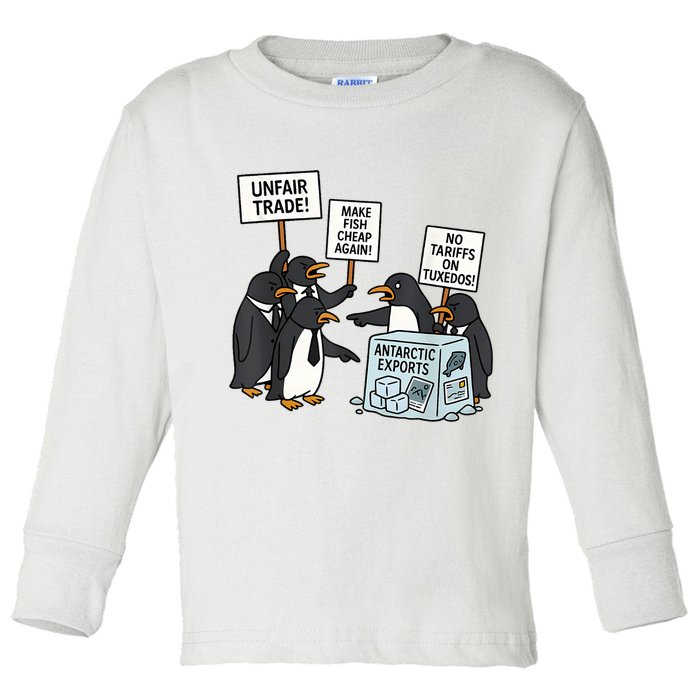 Penguins Protest Against Tariffs Funny Penguin Tariff Toddler Long Sleeve Shirt