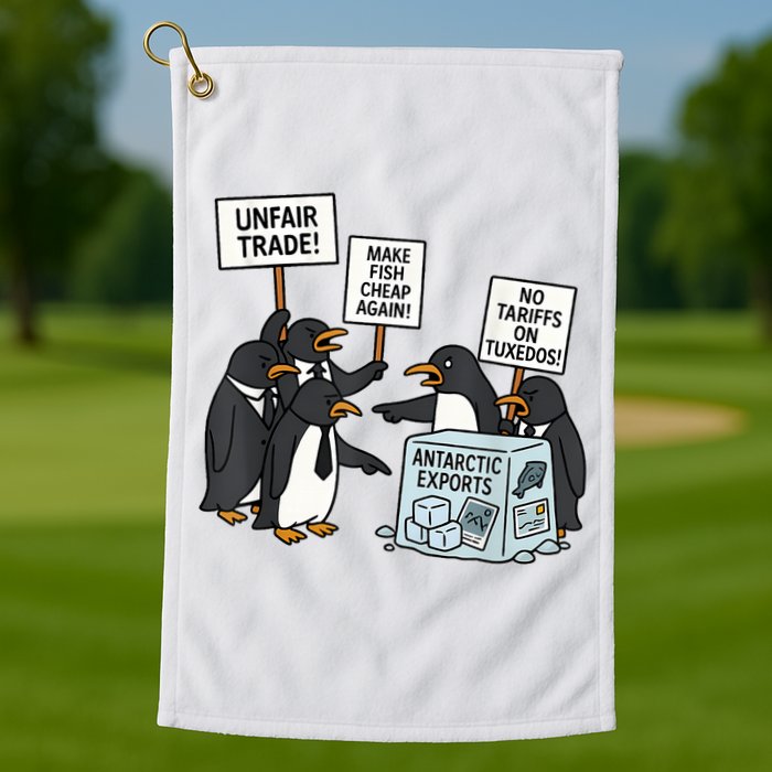 Penguins Protest Against Tariffs Funny Penguin Tariff Golf Towel