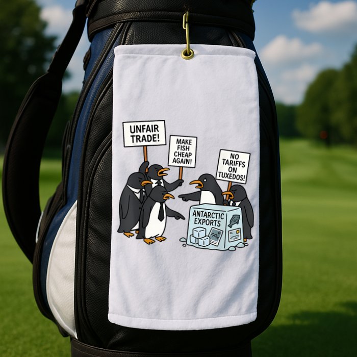 Penguins Protest Against Tariffs Funny Penguin Tariff Golf Towel