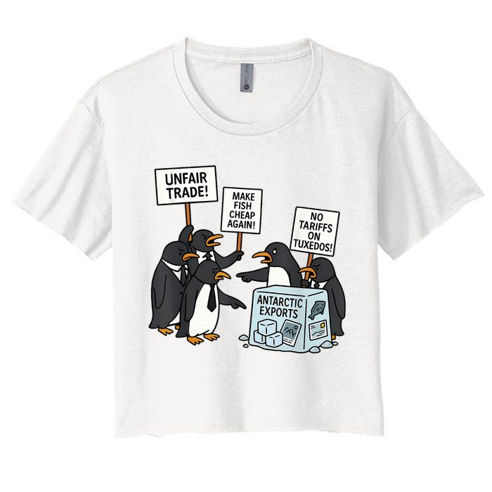 Penguins Protest Against Tariffs Funny Penguin Tariff Crop Top