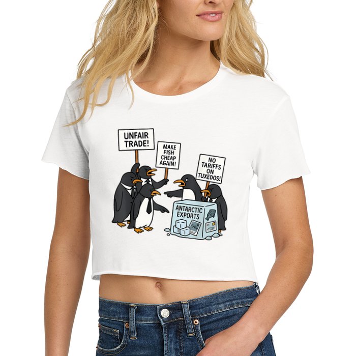 Penguins Protest Against Tariffs Funny Penguin Tariff Crop Top