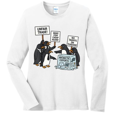 Penguins Protest Against Tariffs Funny Penguin Tariff Ladies Long Sleeve Shirt