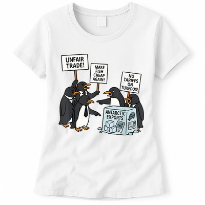Penguins Protest Against Tariffs Funny Penguin Tariff Womens T-Shirt