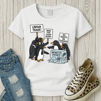 Penguins Protest Against Tariffs Funny Penguin Tariff Womens T-Shirt