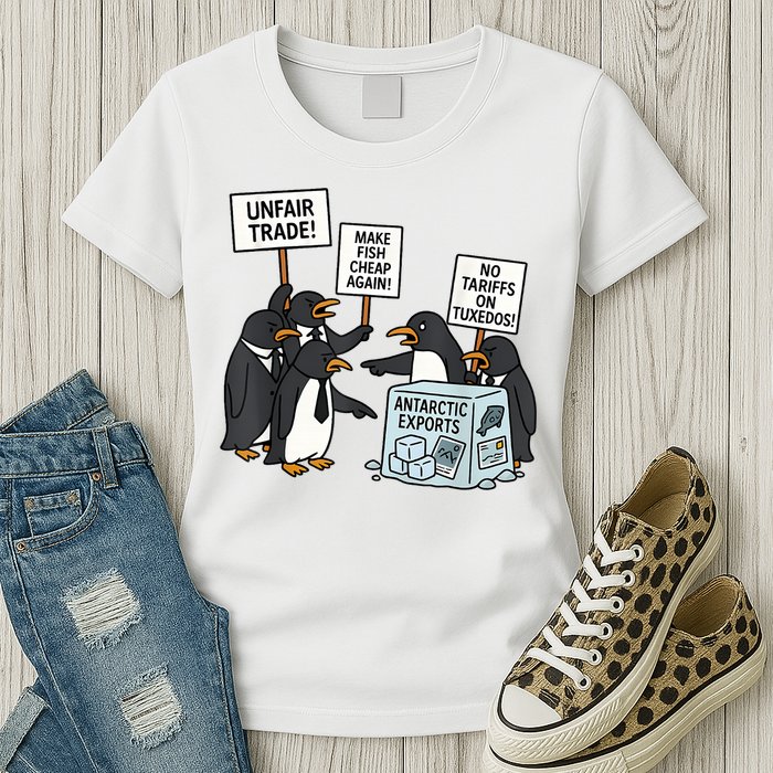 Penguins Protest Against Tariffs Funny Penguin Tariff Womens T-Shirt