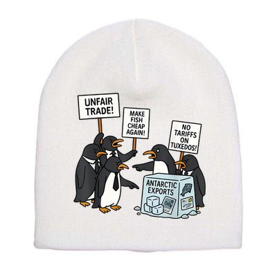 Penguins Protest Against Tariffs Funny Penguin Tariff Short Acrylic Beanie