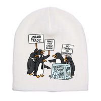 Penguins Protest Against Tariffs Funny Penguin Tariff Short Acrylic Beanie