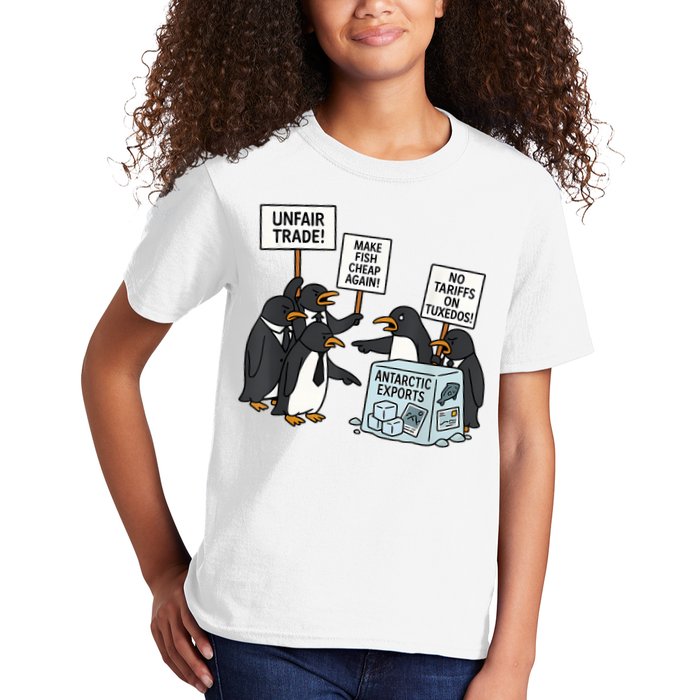 Penguins Protest Against Tariffs Funny Penguin Tariff Kids T-Shirt
