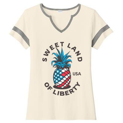 Patriotic Pineapple American Flag Sweet Land Of Liberty Usa Gift Ladies Halftime Notch Neck Tee