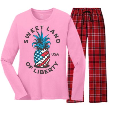 Patriotic Pineapple American Flag Sweet Land Of Liberty Usa Gift Women's Long Sleeve Flannel Pajama Set 