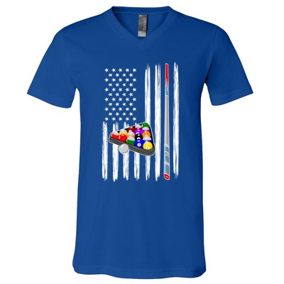 Pool Player Billiards Cue Balls Distressed American Flag Gift V-Neck T-Shirt