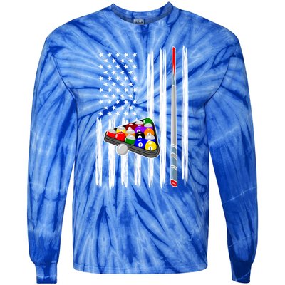 Pool Player Billiards Cue Balls Distressed American Flag Gift Tie-Dye Long Sleeve Shirt