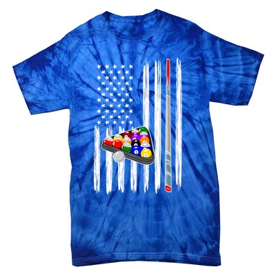 Pool Player Billiards Cue Balls Distressed American Flag Gift Tie-Dye T-Shirt