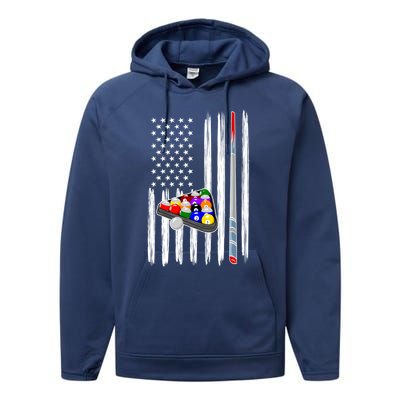 Pool Player Billiards Cue Balls Distressed American Flag Gift Performance Fleece Hoodie